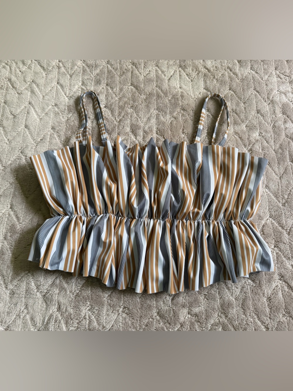 Kortni Jeane Striped Ruffle Bikini Top in Tan, White and Gray